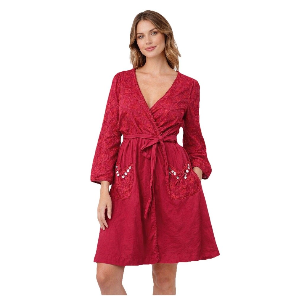lilka anthropologie Red Wrap Dress Size Small Eyelet Pockets Cotton Casual